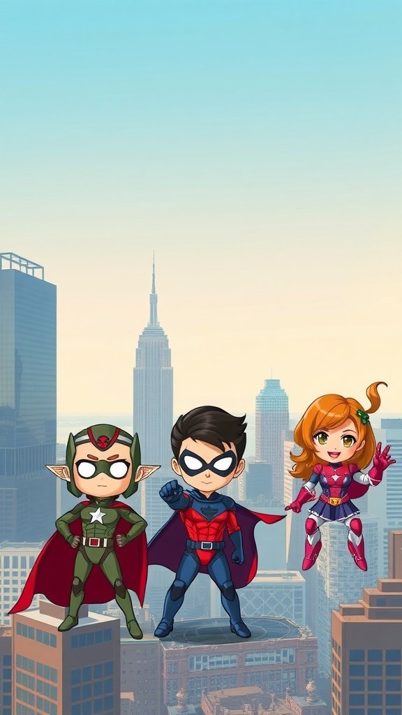 50 Adorable Cute Wallpaper Ideas to Transform Your Space Chibi superheroes in a city skyline