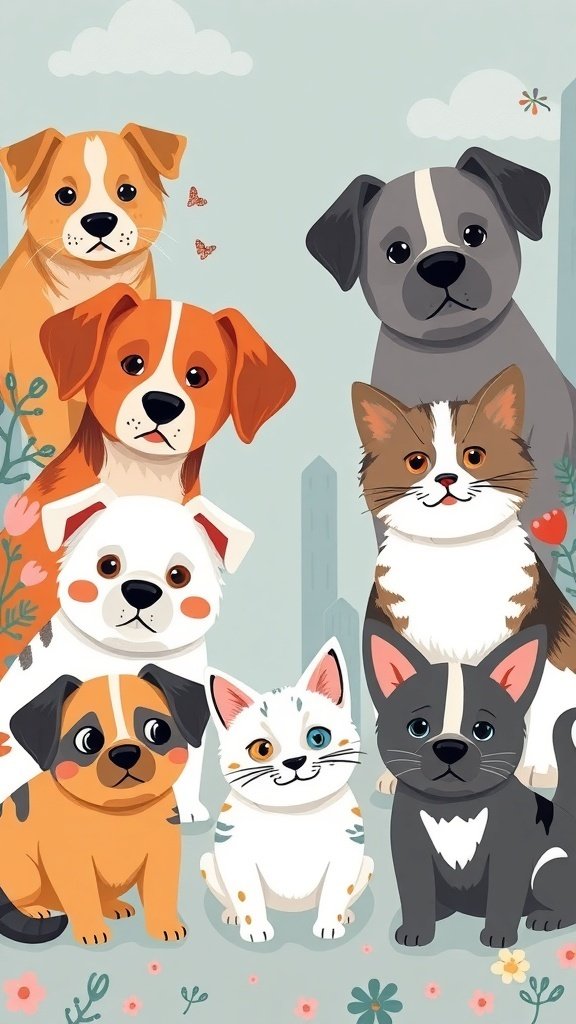 50 Adorable Cute Wallpaper Ideas to Transform Your Space Illustration of various cute dogs and a cat, showcasing their playful expressions and vibrant colors.