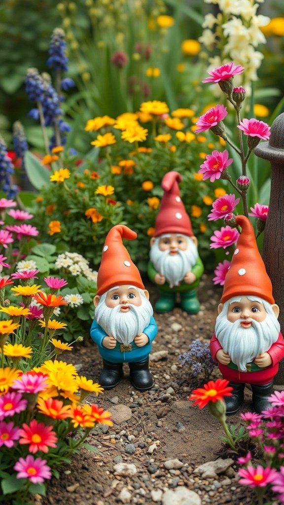 50 Adorable Cute Wallpaper Ideas to Transform Your Space Three colorful garden gnomes surrounded by vibrant flowers
