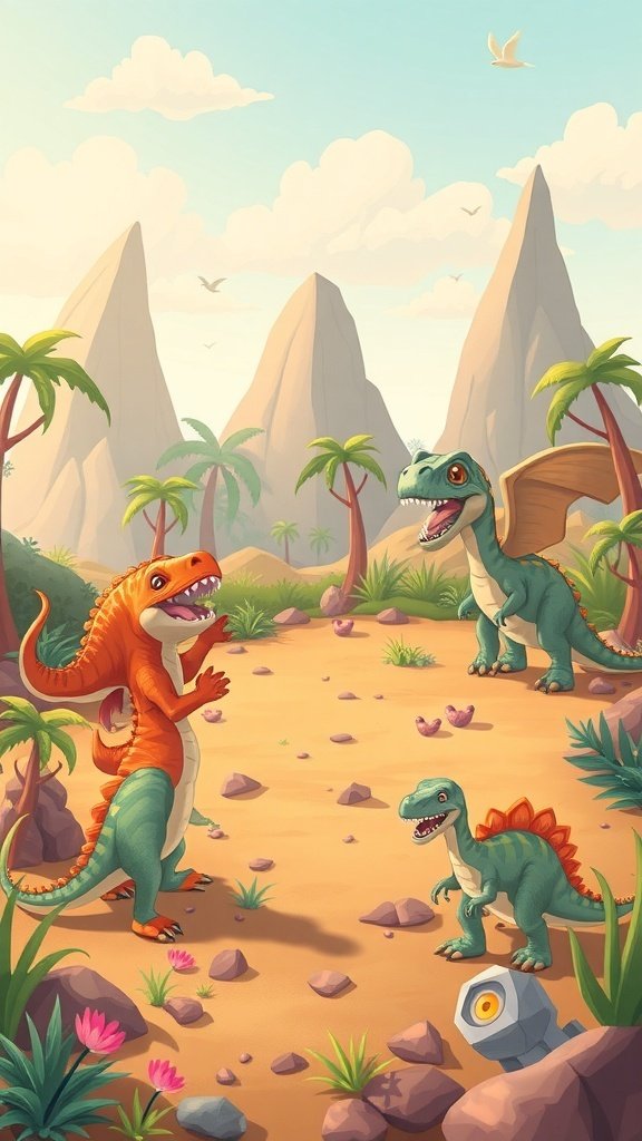 50 Adorable Cute Wallpaper Ideas to Transform Your Space A cute wallpaper featuring playful dinosaurs in a vibrant landscape.