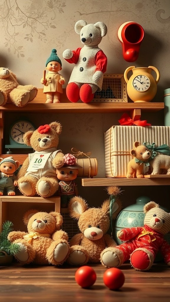 50 Adorable Cute Wallpaper Ideas to Transform Your Space A collection of vintage toys including teddy bears and dolls on a shelf, creating a charming and nostalgic atmosphere.