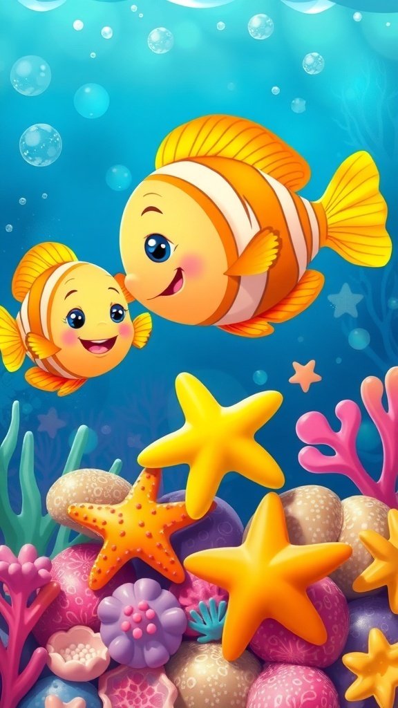50 Adorable Cute Wallpaper Ideas to Transform Your Space Cute wallpaper featuring two smiling fish and colorful coral in an underwater scene.