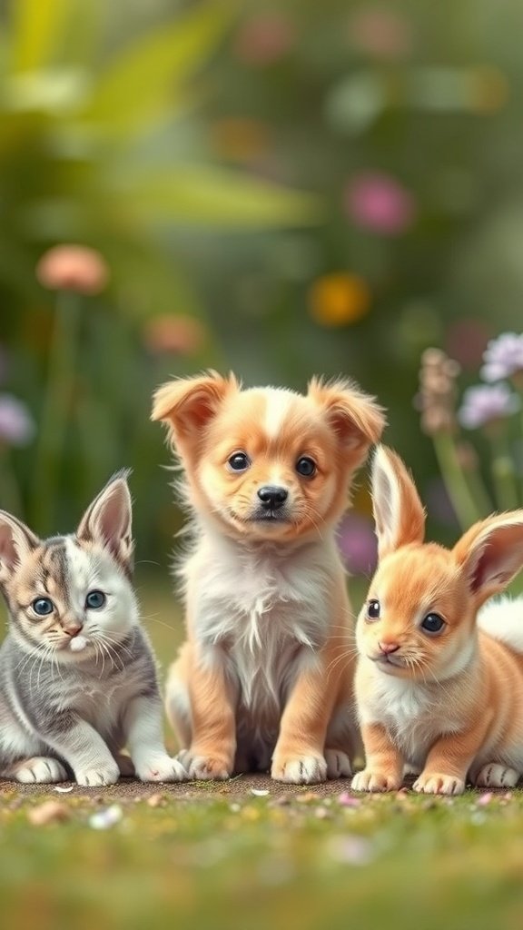 50 Adorable Cute Wallpaper Ideas to Transform Your Space A cute wallpaper featuring a puppy, kitten, and bunny together in a garden.