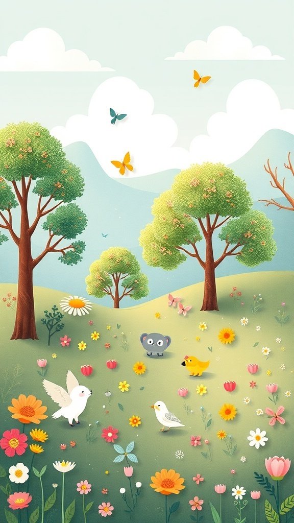 50 Adorable Cute Wallpaper Ideas to Transform Your Space A cute nature scene with flowers, a koala, and butterflies