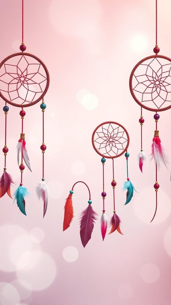50 Adorable Cute Wallpaper Ideas to Transform Your Space A collection of dream catchers with colorful feathers against a soft pink background.