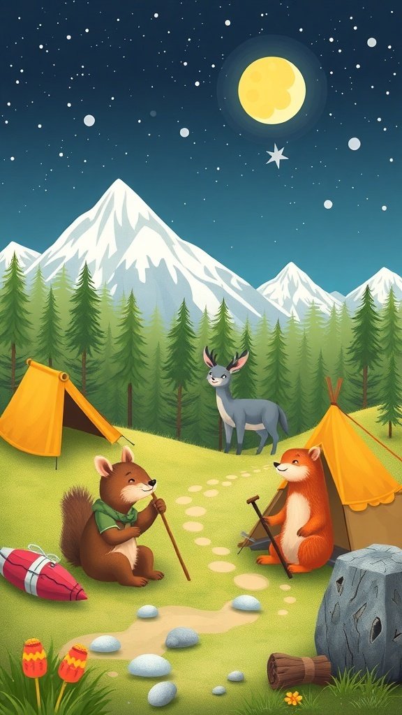 50 Adorable Cute Wallpaper Ideas to Transform Your Space A cute cartoon scene of a campsite with a squirrel and a fox, surrounded by mountains and a starry sky.