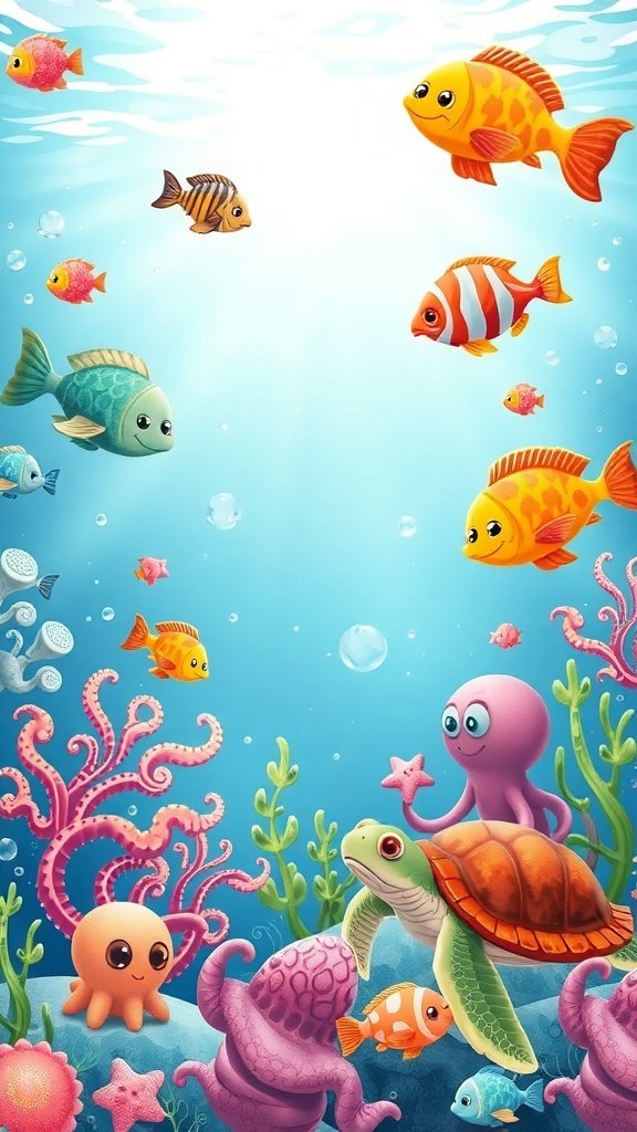 50 Adorable Cute Wallpaper Ideas to Transform Your Space A colorful underwater scene featuring cute fish, an octopus, and a turtle.