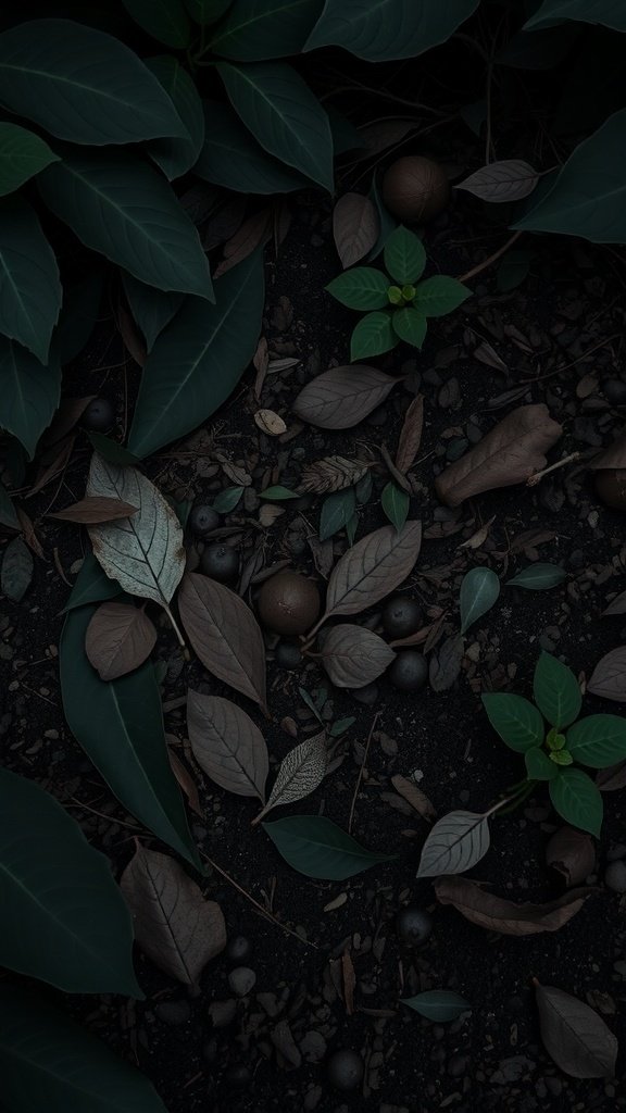 50 Stunning Black Wallpapers for a Chic Look A close-up of dark green leaves and brown foliage on the ground.