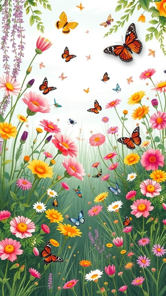50 Adorable Cute Wallpaper Ideas to Transform Your Space A colorful garden scene with various flowers and butterflies, representing a kawaii aesthetic.