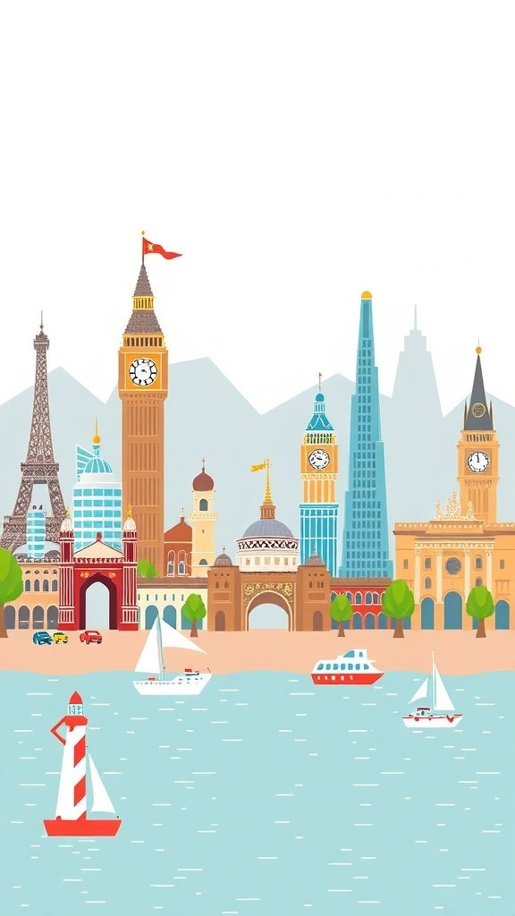 50 Adorable Cute Wallpaper Ideas to Transform Your Space A colorful illustration of famous landmarks including the Eiffel Tower and Big Ben, with boats on a serene water backdrop.