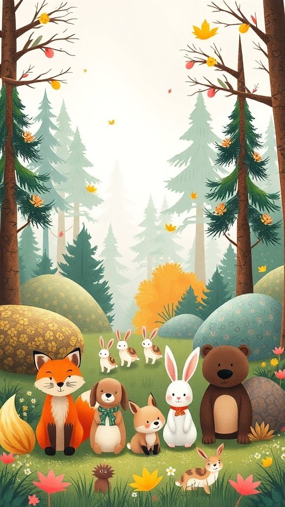 50 Adorable Cute Wallpaper Ideas to Transform Your Space A cute illustration of animals in a forest with autumn leaves.
