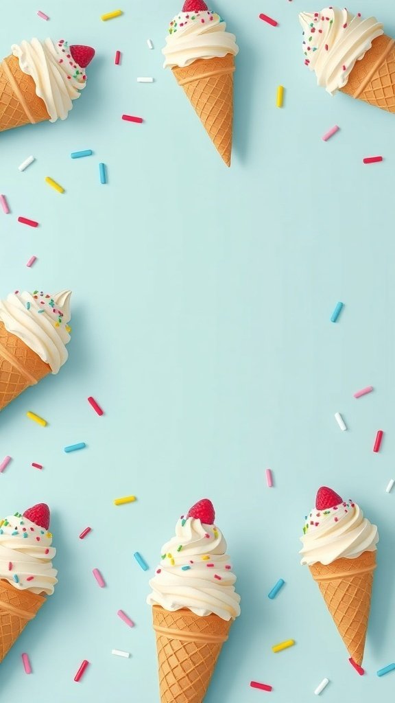 50 Adorable Cute Wallpaper Ideas to Transform Your Space Cute ice cream cones with whipped cream and sprinkles on a blue background