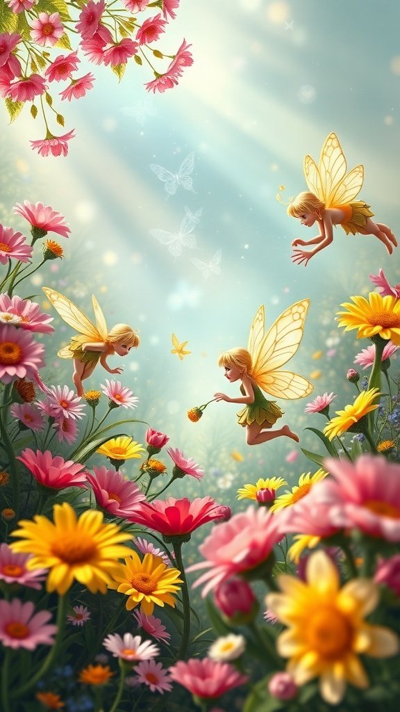 50 Adorable Cute Wallpaper Ideas to Transform Your Space A whimsical scene of cute fairies playing among colorful flowers in a magical garden.