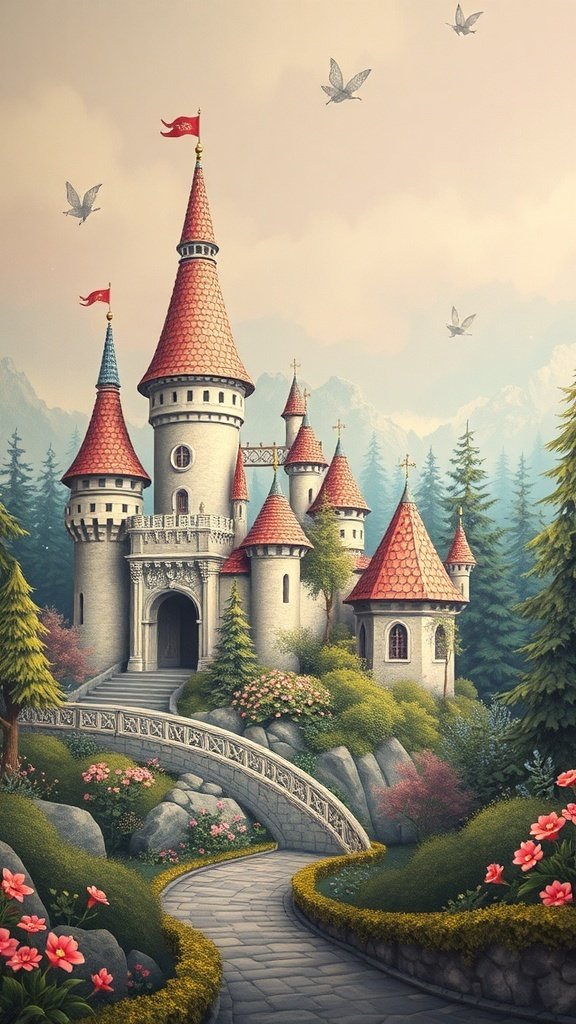 50 Adorable Cute Wallpaper Ideas to Transform Your Space A charming castle surrounded by greenery and flowers, with birds in the sky.