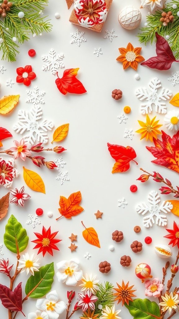 50 Adorable Cute Wallpaper Ideas to Transform Your Space A colorful arrangement of autumn leaves, winter snowflakes, and flowers, creating a cute seasonal theme.