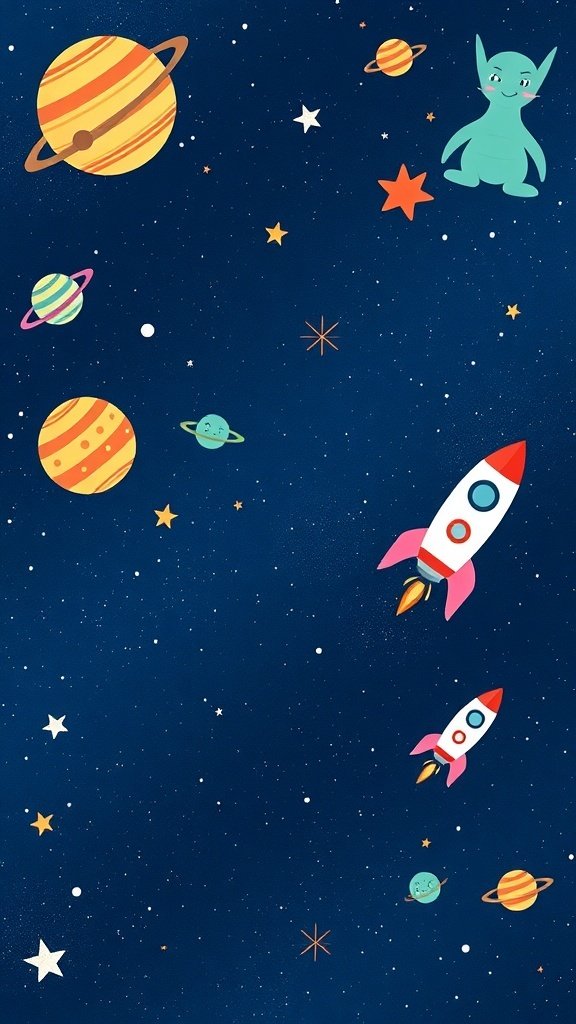 50 Adorable Cute Wallpaper Ideas to Transform Your Space Cute space-themed wallpaper featuring colorful planets, rockets, and a friendly alien.