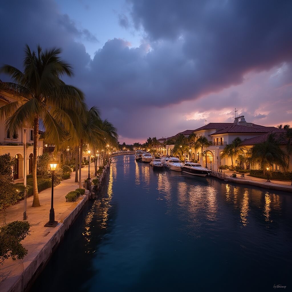 Fort Lauderdale in August: Your Ultimate Scorching Summer Adventure Guide Sunset view of Riverwalk Arts & Entertainment District with lit palm-lined promenade, Mediterranean-style buildings, yachts and impending storm clouds