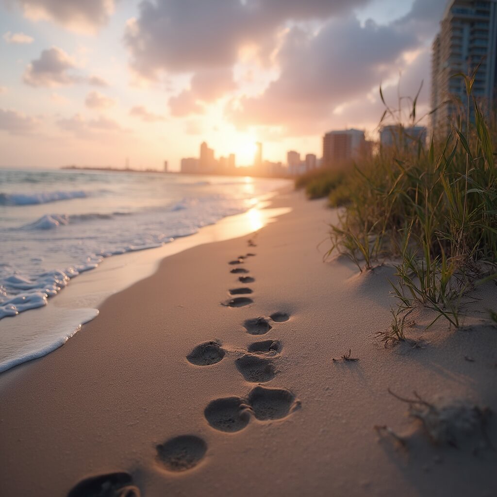 Fort Lauderdale in August: Your Ultimate Scorching Summer Adventure Guide Sea turtle tracks leading to a new nest on a golden beach at dawn, with gentle waves, swaying sea oats in the foreground, and the Fort Lauderdale skyline in the misty background under a pastel-colored pre-sunrise sky.