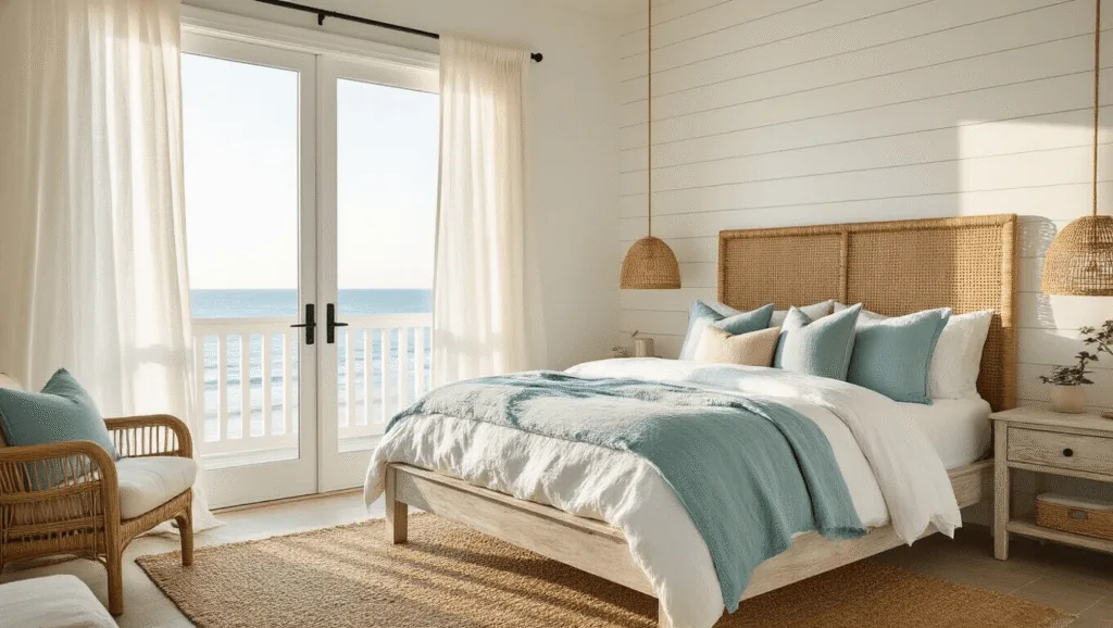 A serene coastal bedroom retreat featuring a sun-drenched interior with sheer curtains, a white oak platform bed layered in oceanic linens, a rattan headboard, and minimal coastal decor, all illuminated by soft natural light and a capiz shell chandelier.