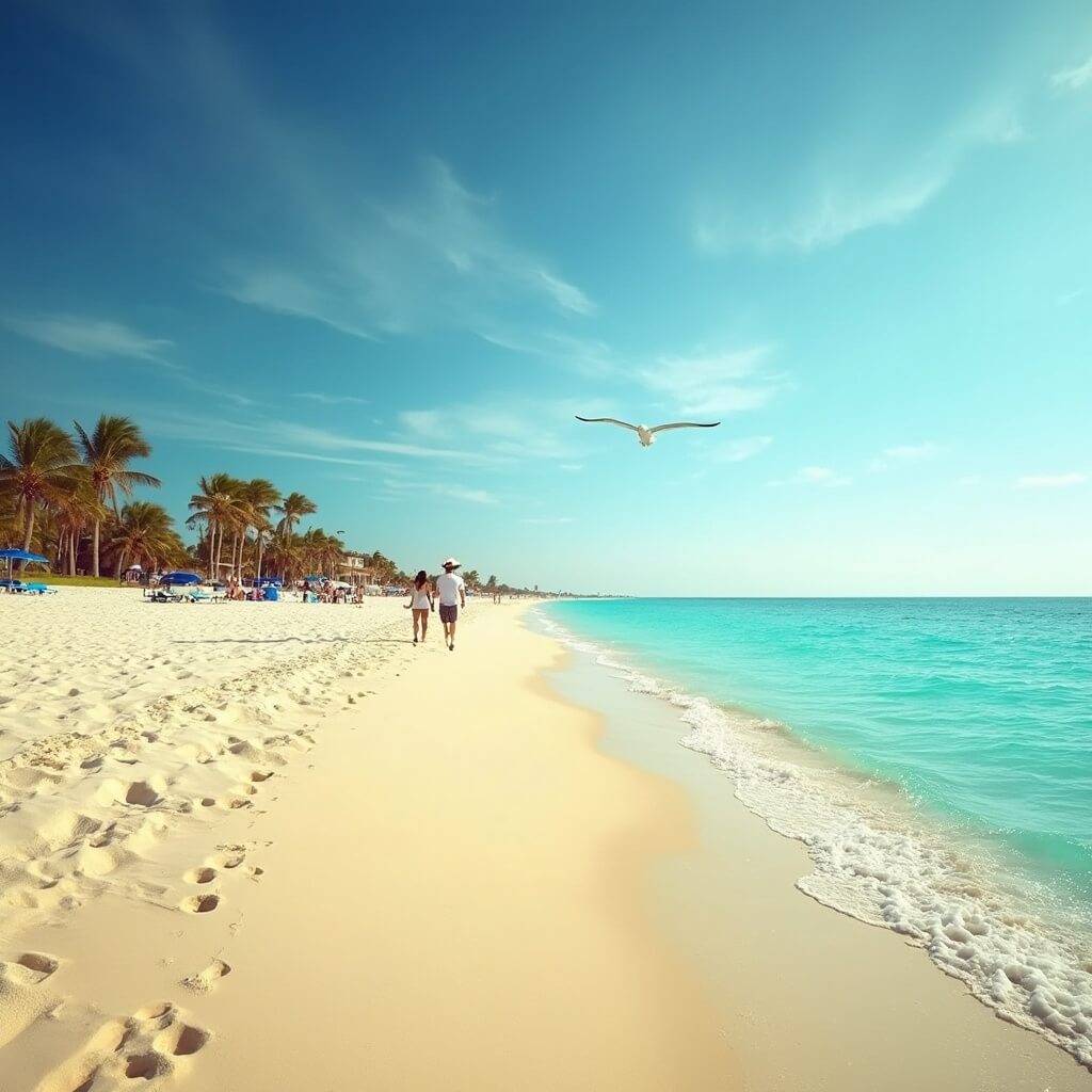 Deserted November beach scene in Panama City, Florida with a couple walking hand in hand, golden sand, clear turquoise water, palm trees and seagulls in the sky