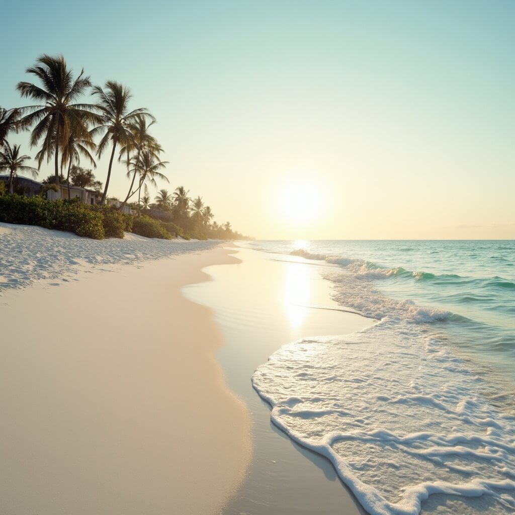 The Ultimate October Escape: Why Panama City Beach Should Be Your Next Destination Empty beach with soft golden afternoon light, gentle waves on white sand, palmetto trees in the background, and a tranquil coastal landscape under a pastel sky in October