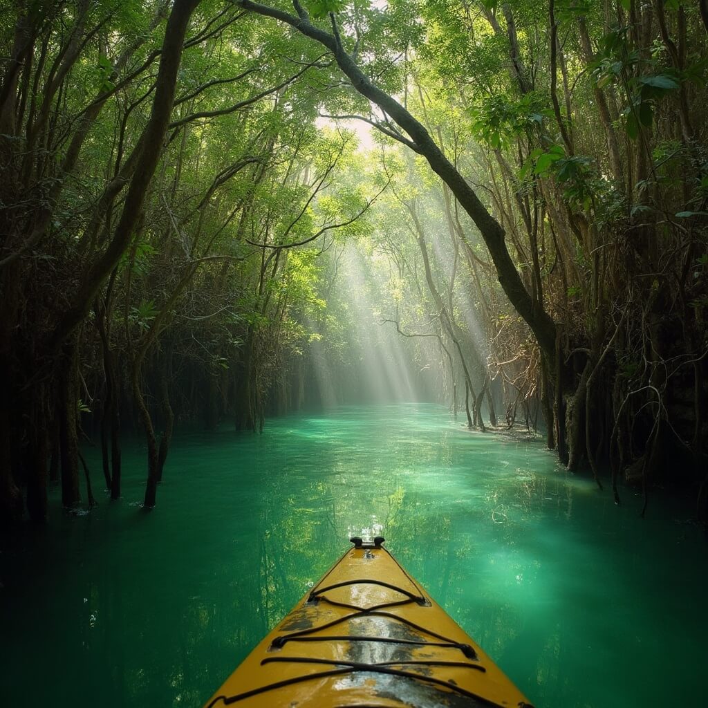 Why Cape Coral in May Will Blow Your Mind: The Ultimate Sunshine Escape Kayaking through dense mangrove tunnel at Four Mile Cove Ecological Preserve with morning sunlight filtering through branches and clear water reflecting green tones