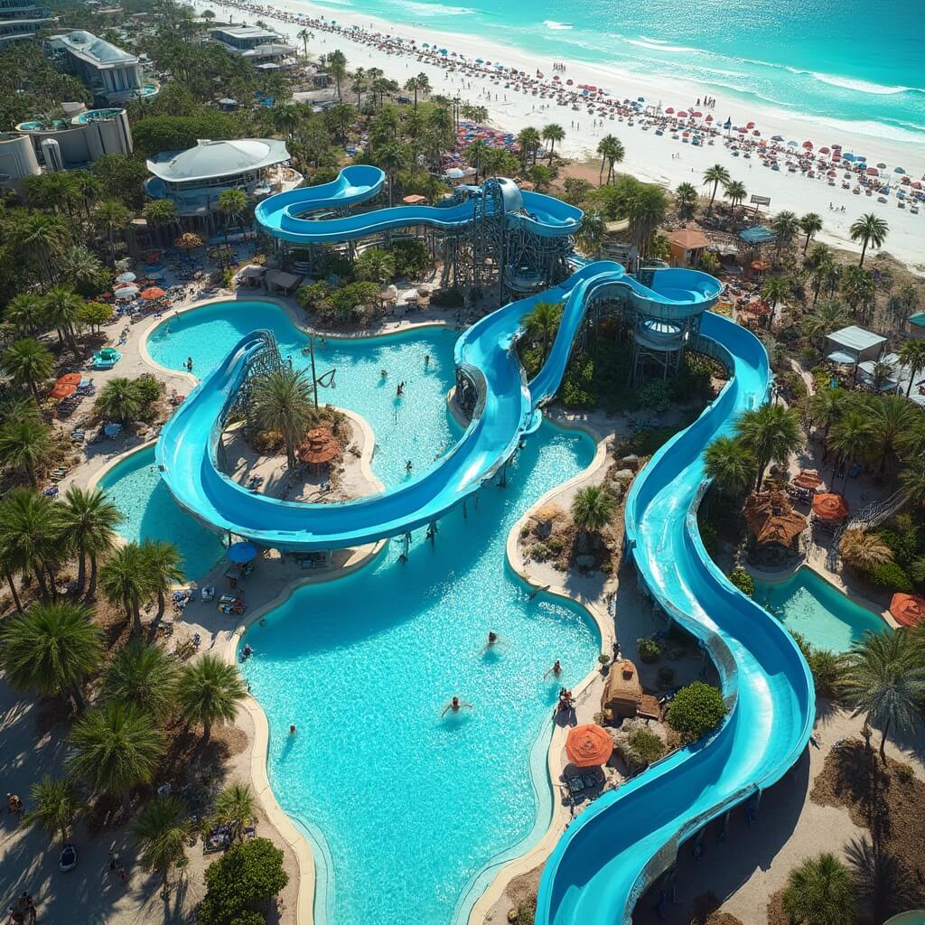 Panama City Beach in August: Your Ultimate Sunny Escape Guide Aerial view of Shipwreck Island Waterpark with vibrant blue water slides, families enjoying the pools, colorful umbrellas in lounging areas, palm trees, and a view of the Gulf of Mexico in the distance.