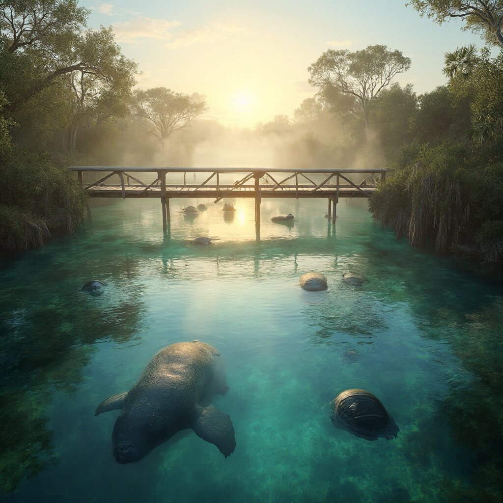 Cape Coral in July: Your Ultimate Sweat-Soaked Summer Adventure Guide Manatees swimming in serene sunrise waters at Sirenia Vista Park with mangroves, native vegetation, and misty wooden boardwalk in a photorealistic image