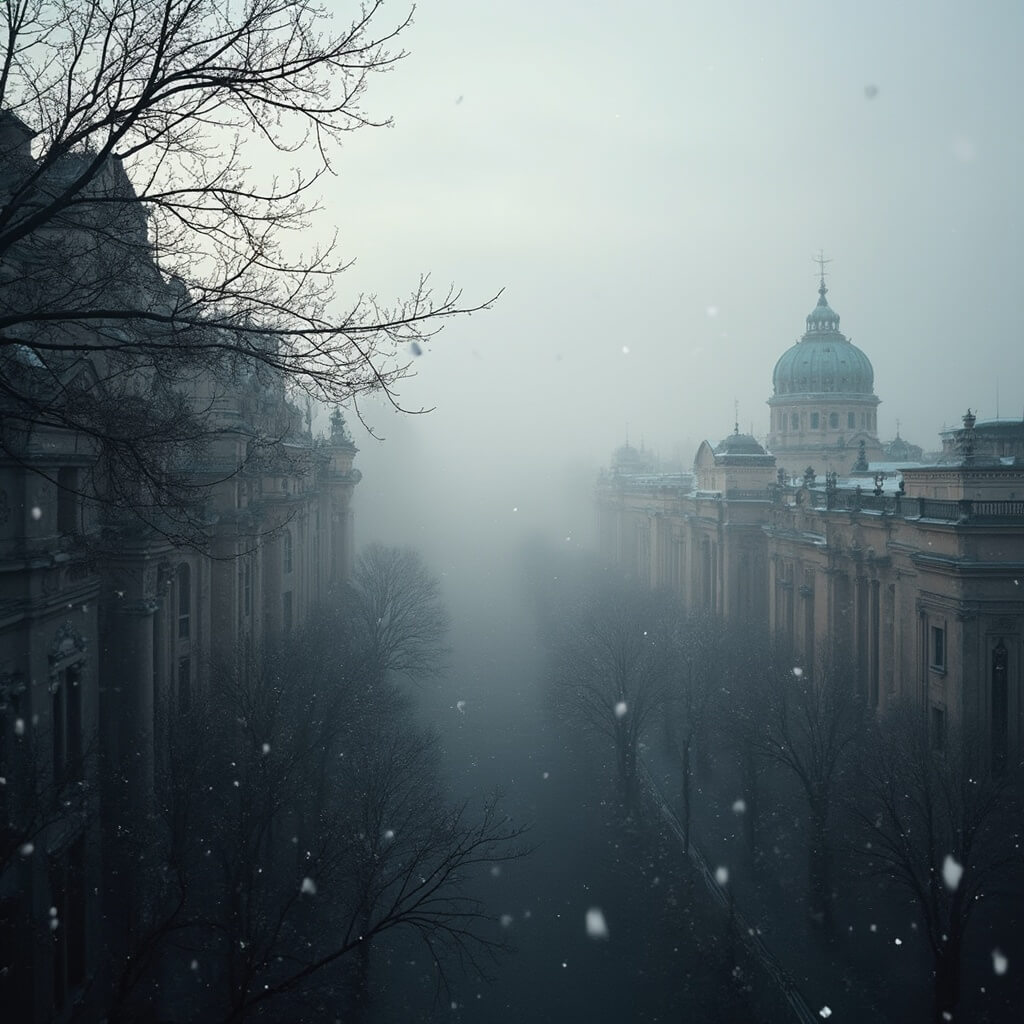 St. Petersburg in November: Your Ultimate Cold-Weather Adventure Guide Misty winter cityscape of St. Petersburg in November with snowflakes falling onto historic baroque architecture, under a muted gray and white sky, bare tree branches in the foreground create a melancholic and mysterious mood