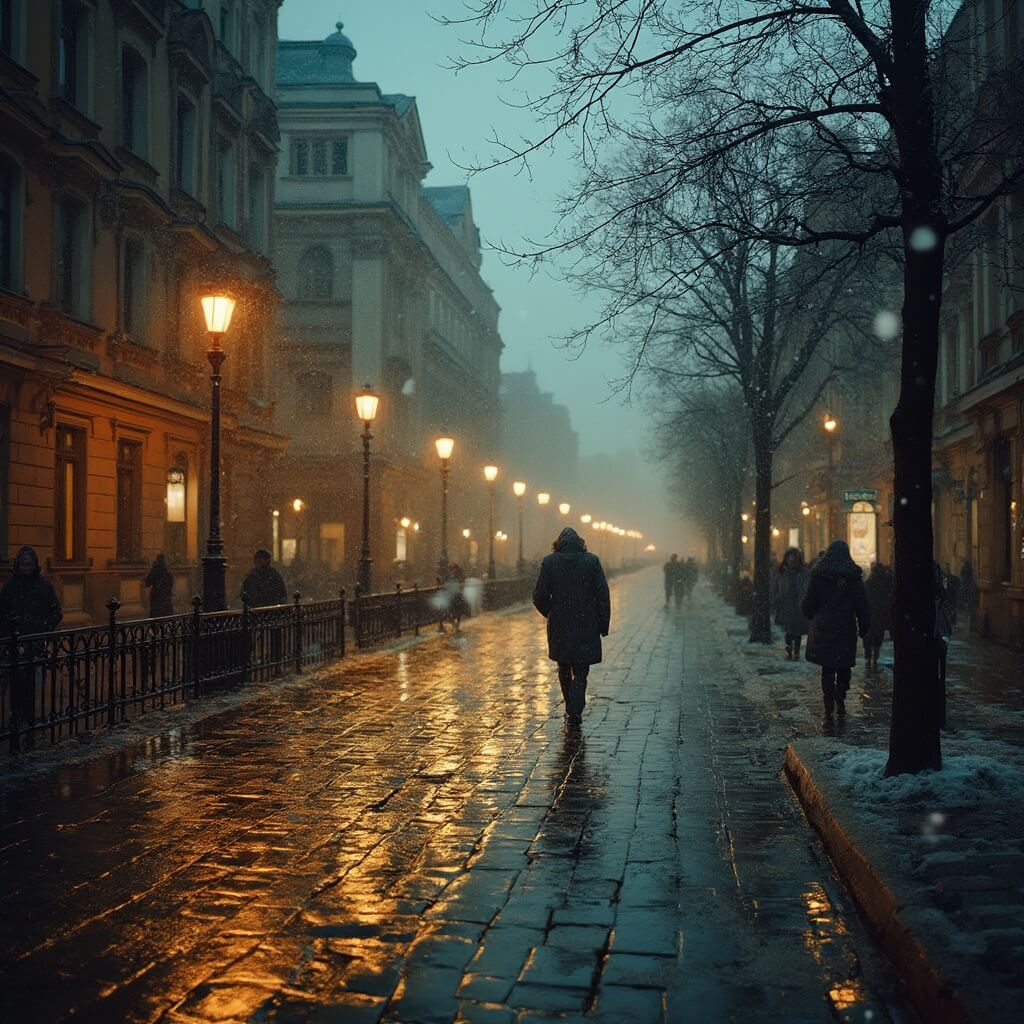 St. Petersburg in November: Your Ultimate Cold-Weather Adventure Guide Moody evening cityscape of St. Petersburg in November, with golden lights reflecting on wet cobblestones, light snowfall, illuminated historic buildings, and locals in heavy coats