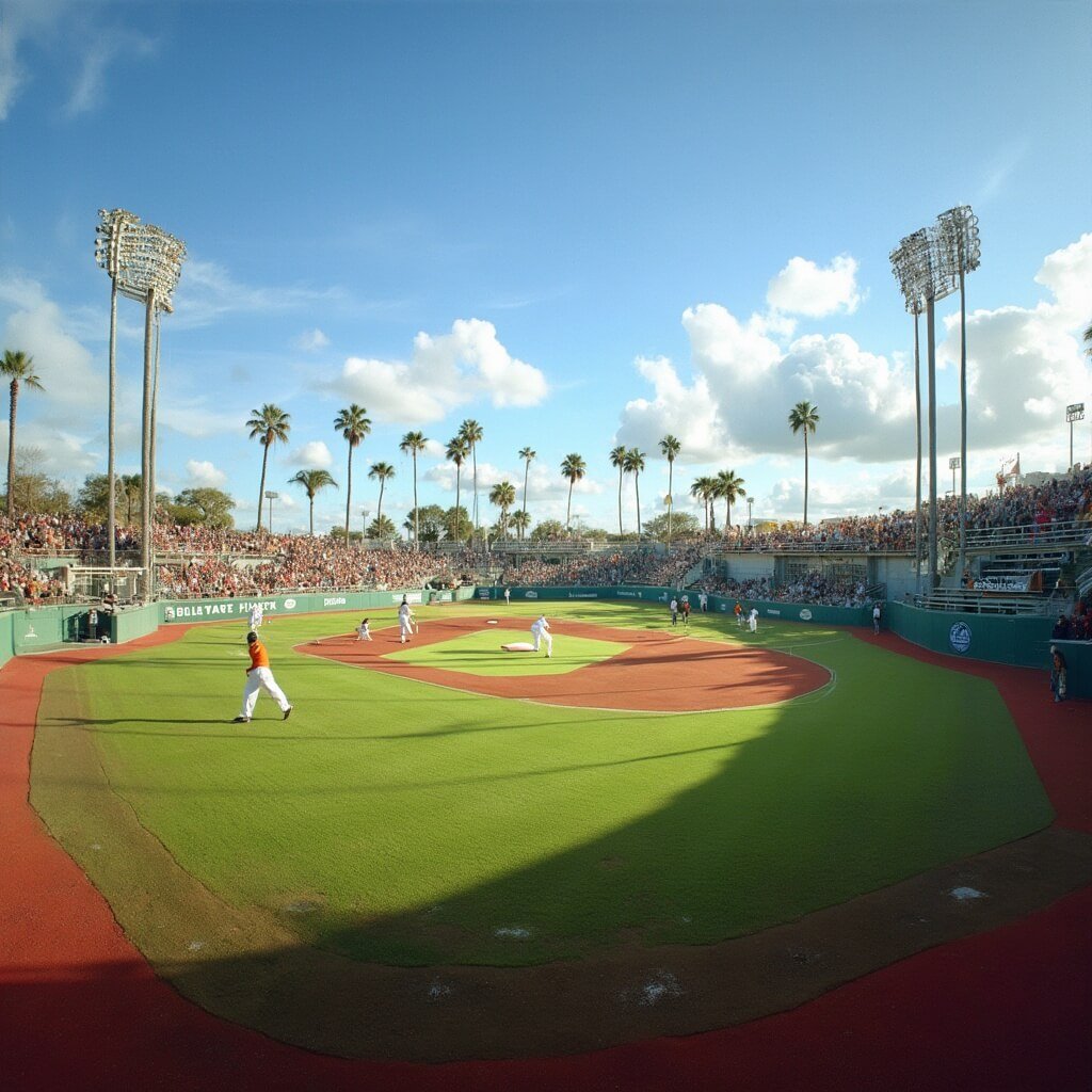 Escape the Freeze: Why Lakeland, Florida is Your January Paradise Baseball players in white uniforms practicing on the pristine green field of Publix Field's Joker Marchant Stadium during spring training, under a bright blue sky with fluffy clouds, surrounded by swaying palm trees.
