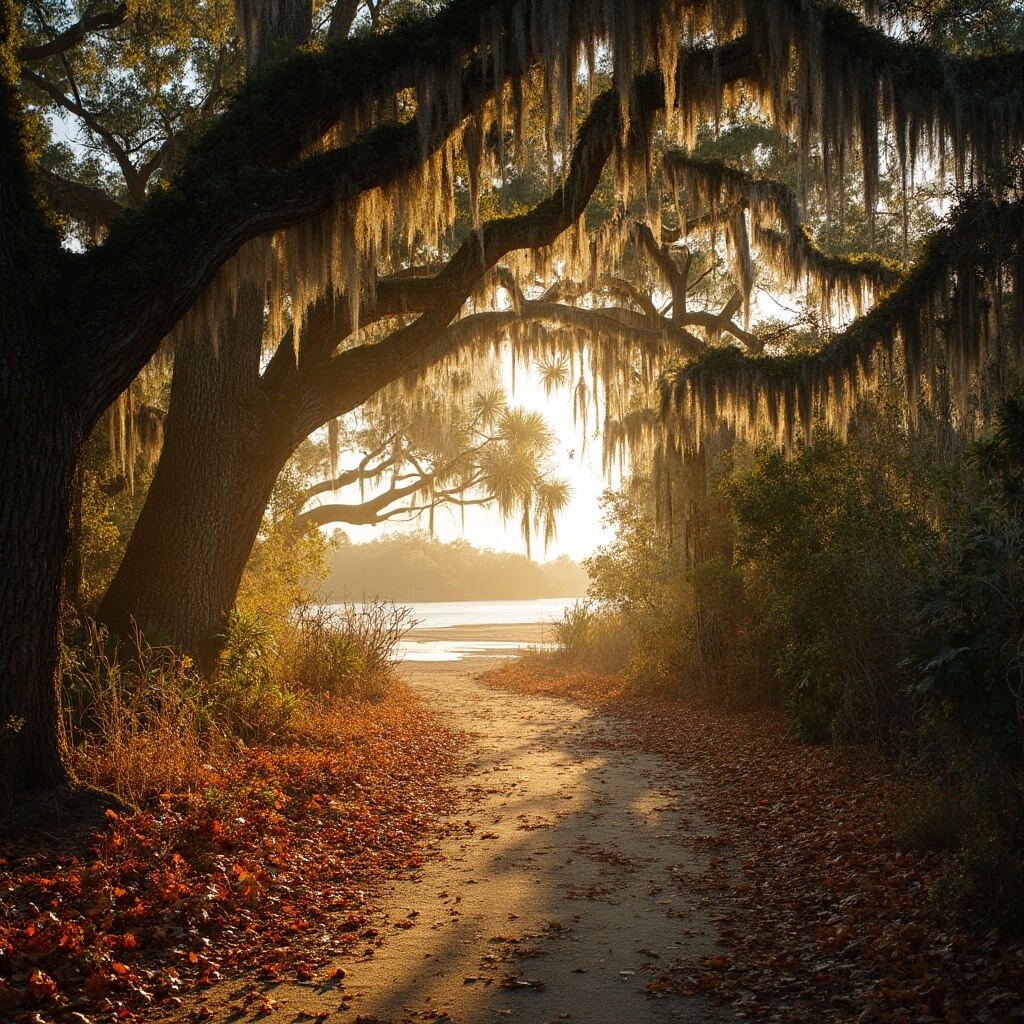 Unlocking Port St. Lucie's November Magic: Your Ultimate Escape Guide Nature trail at golden hour winding through Spruce Bluff Preserve's maritime forest with oak trees adorned with Spanish moss, autumn leaves on the ground, and a peaceful water view with distant migratory birds.