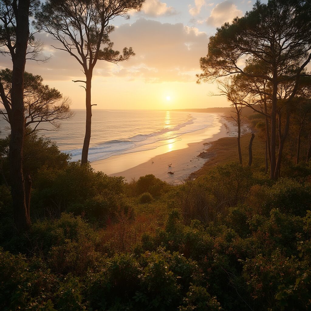 Sunset over Spruce Bluff Preserve with lush greenery, calm Atlantic Ocean extending to the horizon, and warm autumn colors