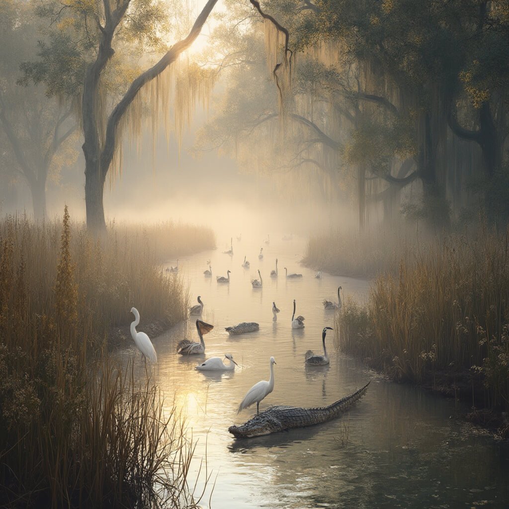 Tallahassee in December: Your Ultimate Winter Wonderland Guide (Without the Snow!) Winter morning at St. Marks Wildlife Refuge with misty waterways, migratory birds, sleepy alligator, sunlight through Spanish moss, and winter wildflowers.