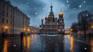 St. Petersburg in November: Your Ultimate Cold-Weather Adventure Guide "Dusk view of St. Petersburg featuring the illuminated Church of the Savior on Spilled Blood with snow-dusted onion domes, pedestrians with umbrellas on wet cobblestone streets reflecting streetlights, and swirling snowflakes under a twilight sky."