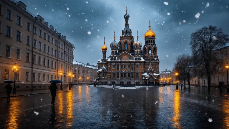 St. Petersburg in November: Your Ultimate Cold-Weather Adventure Guide "Dusk view of St. Petersburg featuring the illuminated Church of the Savior on Spilled Blood with snow-dusted onion domes, pedestrians with umbrellas on wet cobblestone streets reflecting streetlights, and swirling snowflakes under a twilight sky."
