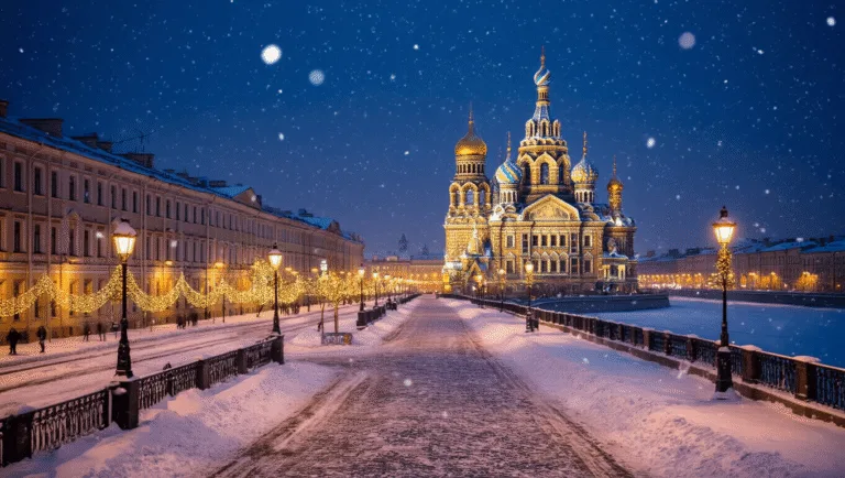 Chasing Winter Magic: The Definitive Guide to St. Petersburg in December "Winter night scene in St. Petersburg featuring snow-dusted golden cathedral domes, lit street lamps reflecting on cobblestone streets, holiday decorations, and the frozen Neva River under a deep blue twilight sky."