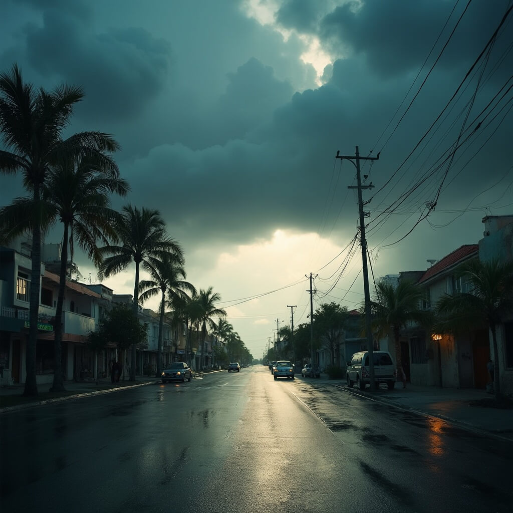 Dramatic storm clouds gathering over the tropical landscape of Hialeah, with sunlight piercing through and reflecting on wet pavement, palm trees swaying in the humid atmosphere