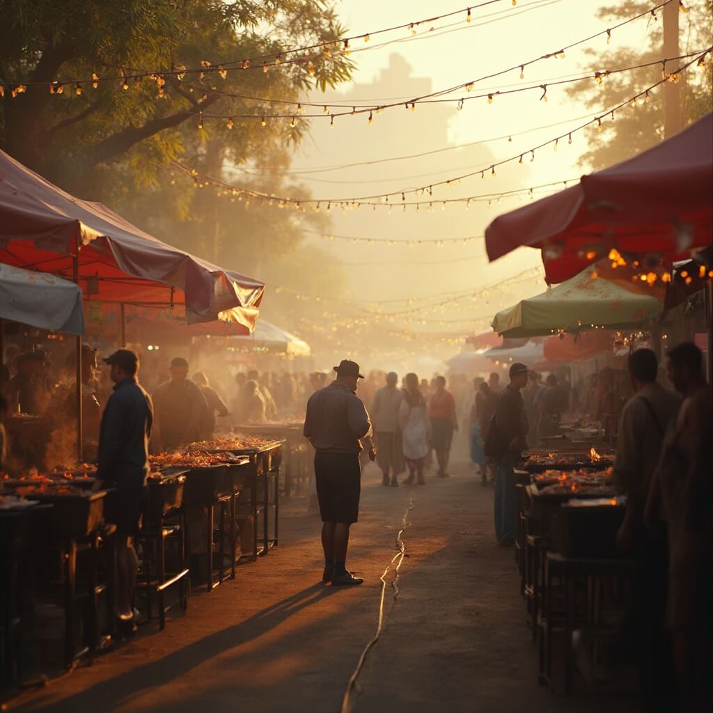 Weather Warning: Port St. Lucie's September Survival Guide - What They Don't Want You to Know! Late afternoon BBQ festival with smoking grills, colorful vendor tents, people mingling around food stalls, string lights overhead, and smoke filling the air, enhanced by rich wood textures and warm tones