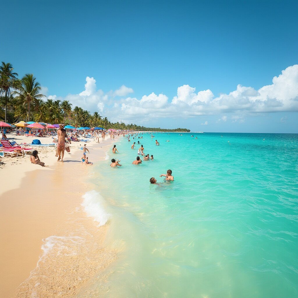 Fort Lauderdale in March: Your Ultimate Sunshine Escape (That'll Make Your Instagram Followers Jealous) Young people sunbathing and enjoying water activities at a vibrant Fort Lauderdale beach with colorful umbrellas, turquoise waters, golden sand, palm trees, and a clear blue sky with soft white clouds.