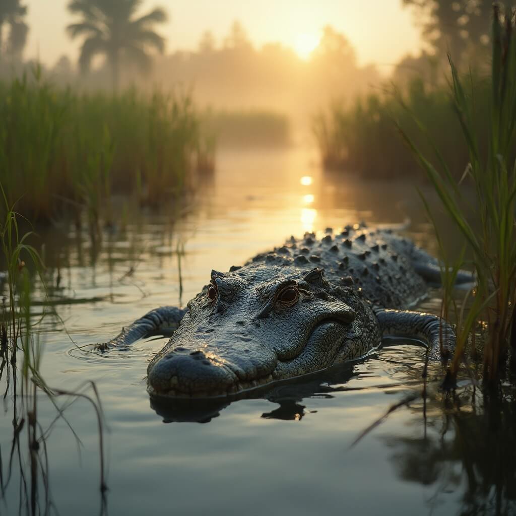 Why Lakeland in March Will Blow Your Mind: A Traveler's Ultimate Guide Wild alligator partially submerged in calm Florida marsh waters at sunrise, surrounded by lush green vegetation and cypress trees in misty morning light at Circle B Bar Reserve