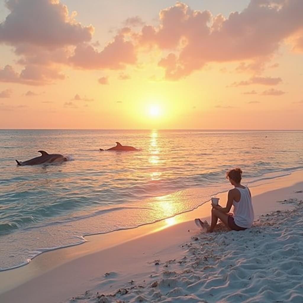 Person in light sweater holding a coffee mug watching dolphins at sunrise on the sugar-white Fort Myers Beach in January, with pastel-colored sky, palm trees, and calm turquoise waters.