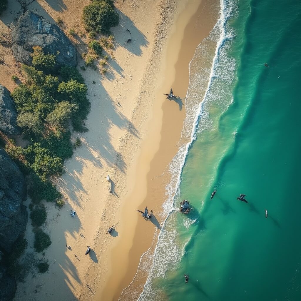 Aerial view of Jetty Park Beach at sunrise with turquoise waters, golden sandy shoreline, diving pelicans and long shadows cast by soft morning light