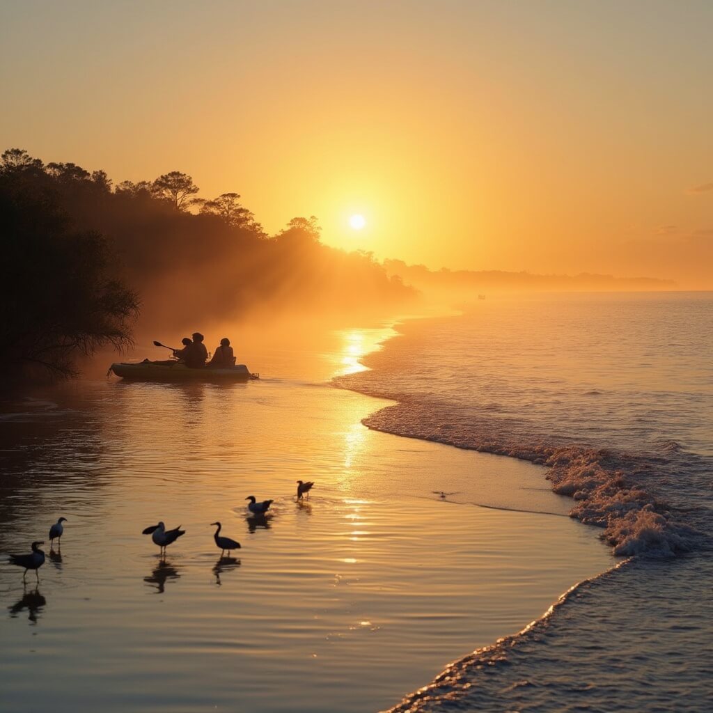 Scorching Sun, Tropical Rains: Your Ultimate Guide to Port St. Lucie in June 🌴🌦️ Kayakers paddle through calm waters under a serene sunrise at Jensen Beach, surrounded by mangroves, with birds wading in the shallow waters and morning mist hovering above the surface in a photorealistic style.