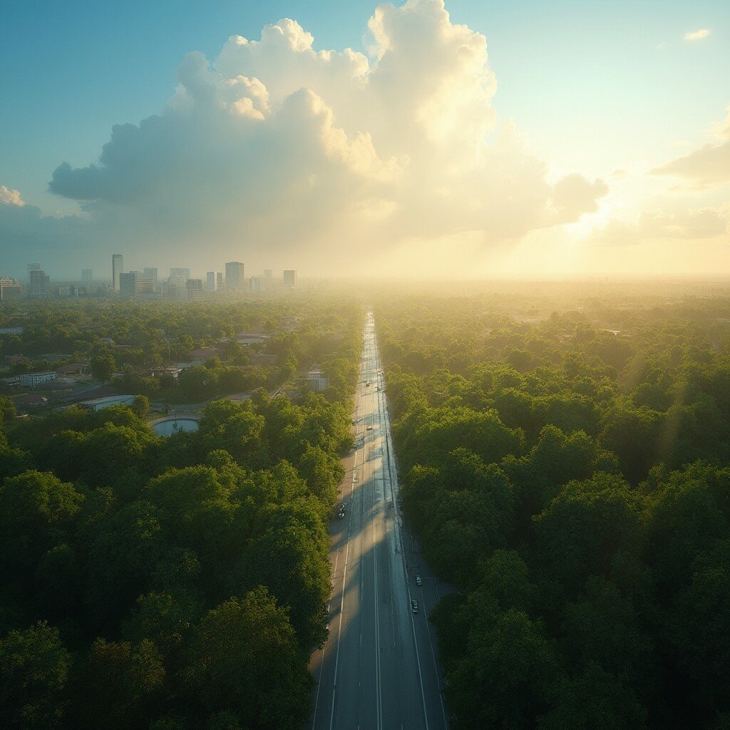 Aerial view of Tallahassee in mid-summer with intense sunlight, heat waves rising from streets, greenery, urban layout, and distant storm clouds in clear blue sky