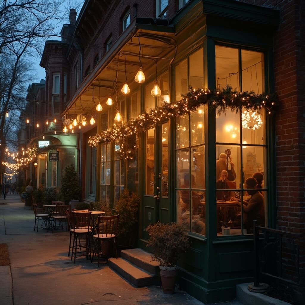 Tallahassee in December: Your Ultimate Winter Wonderland Guide (Without the Snow!) Downtown Tallahassee cafe at dusk with string lights highlighting a historic brick building, golden light from windows showing jazz performance, vintage furniture and customers having coffee and desserts, winter mist and holiday decorations at the entrance.