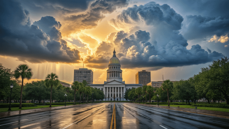 Tallahassee in August: A Scorching Symphony of Sun, Rain, and Southern Charm "Dramatic cityscape of Tallahassee with thunderclouds over State Capitol building, sunlight piercing through storm clouds illuminating modern structures and lush greens, rain-slicked streets reflecting sky, and visible heat waves showing intense heat with palm trees swaying in humid wind"