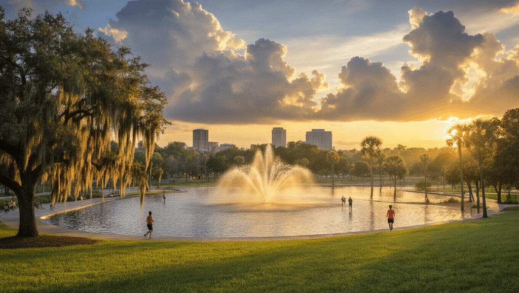 Tallahassee in June: Your Ultimate Survival Guide to Florida's Summer Playground "Sunrise over Tallahassee's Cascades Park showcasing interactive water fountain, Spanish moss-draped oak trees, dewy grass, joggers, approaching storm clouds, and city skyline in background."