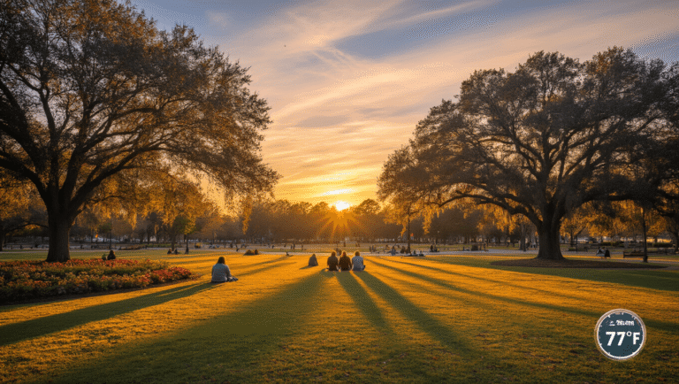 Why Tallahassee in November is Your Secret Escape from Boring Winter Blues "Crowd enjoying the golden hour at Cascades Park, Tallahassee with fall flowers in bloom and autumn-colored oak trees in the background during a warm November sunset"