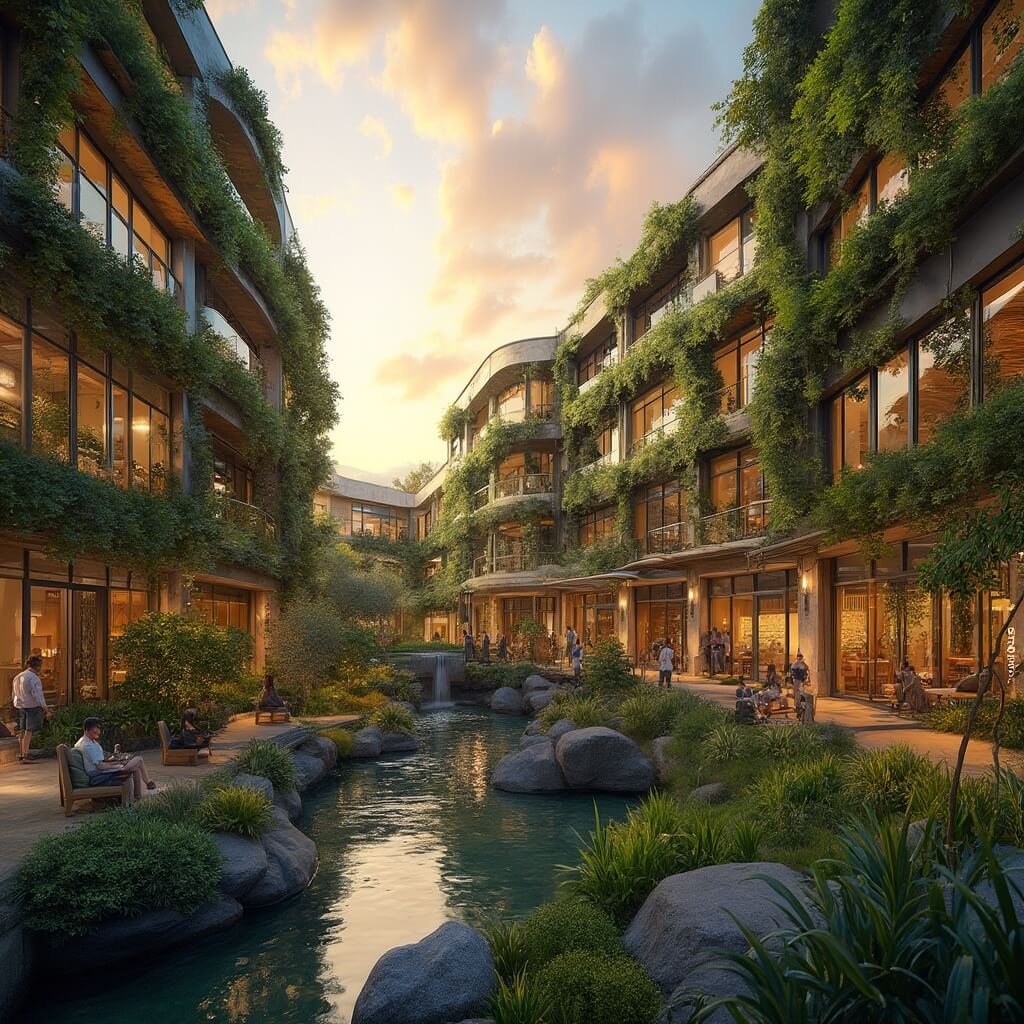 Tallahassee in July: Your Sweaty, Stormy Summer Adventure Guide Sunset view of a modern, glass-fronted indoor entertainment complex in Tallahassee with lush green architecture, vertical gardens, and people relaxing in climate-controlled spaces.